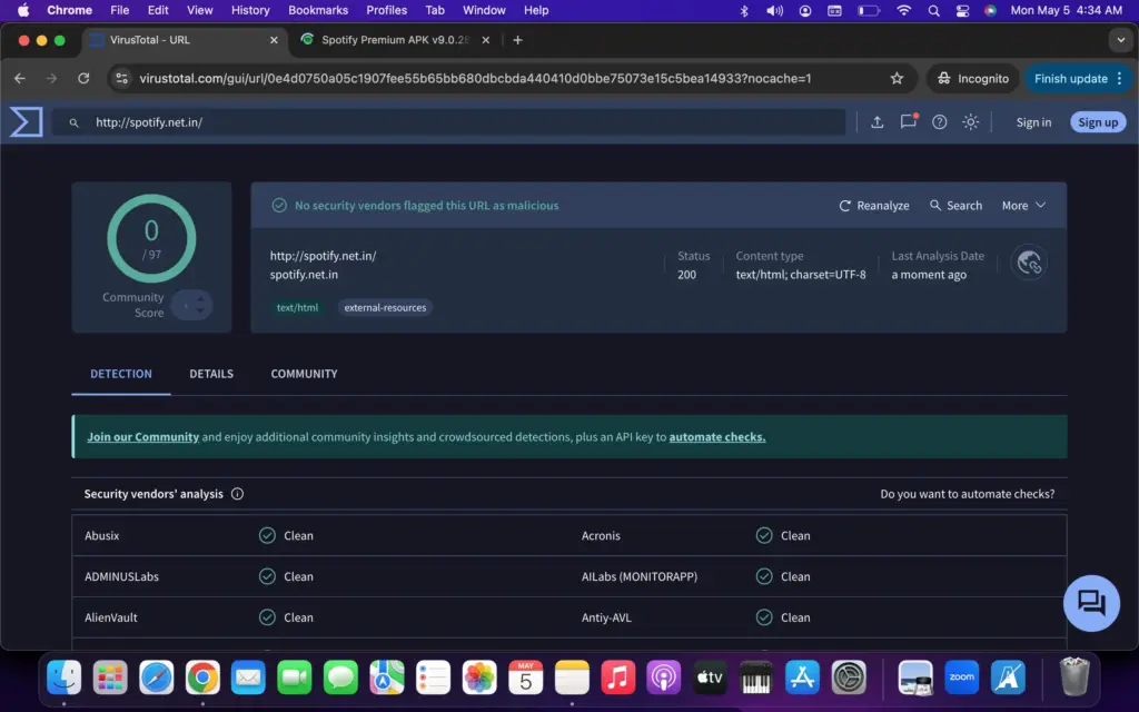 virus total report for spotify.spotimod.com